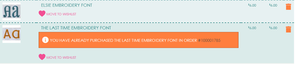 Designs By JuJu item already purchased error from my cart