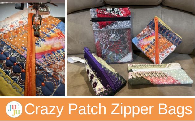 How to Make Four Easy Crazy Patch Zipper Bags with Machine Embroidery