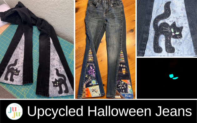 Upcycled Halloween Jeans with Spooky Machine Embroidery Inserts
